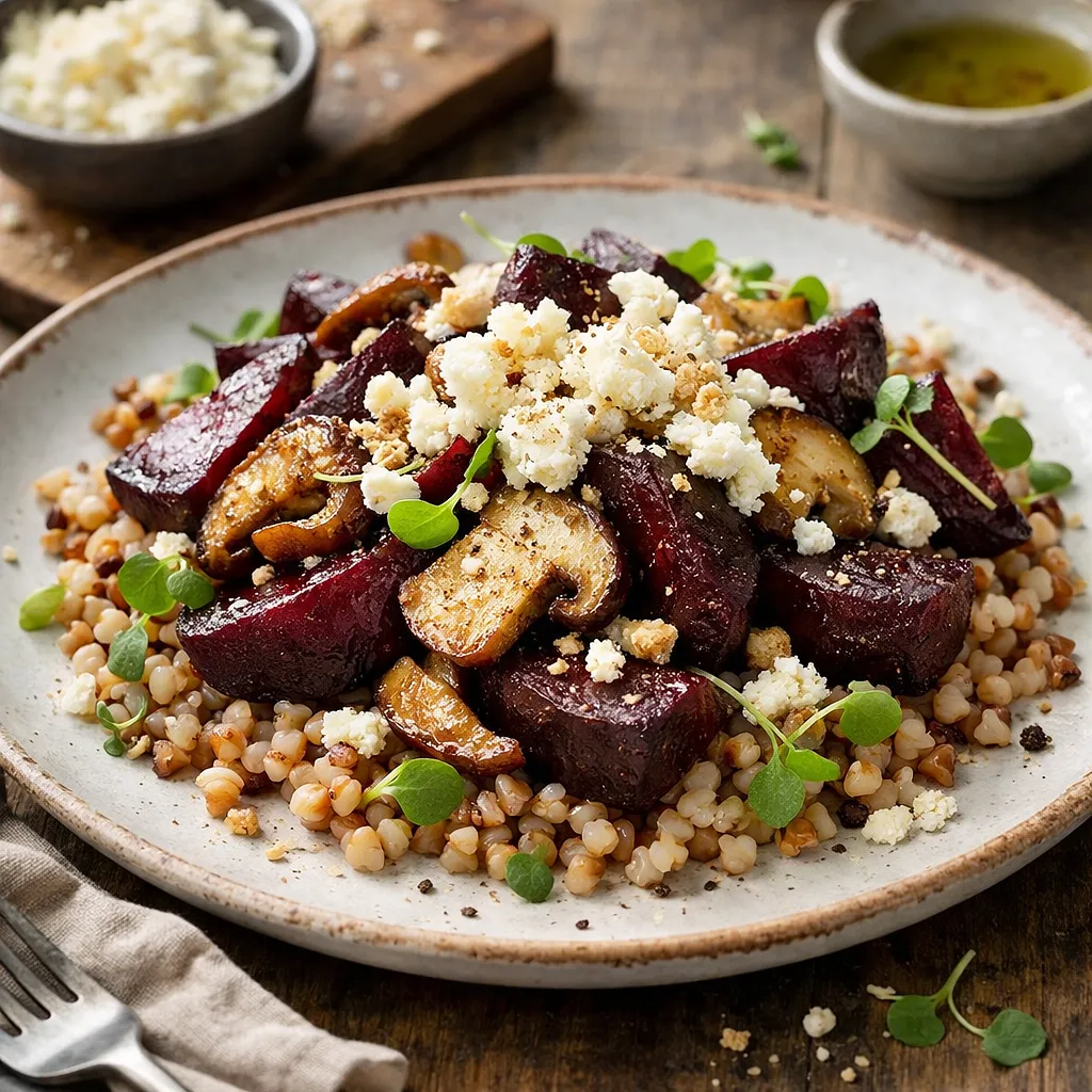 Recipe for: Winter buckwheat salad with roasted beets, sautéed porcini mushrooms, and cottage cheese crumble - photo 1
