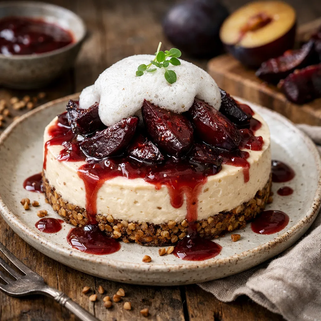 Recipe for: Buckwheat cottage cheese cheesecake with roasted beets and plum sauce, topped with buttermilk foam - photo 1