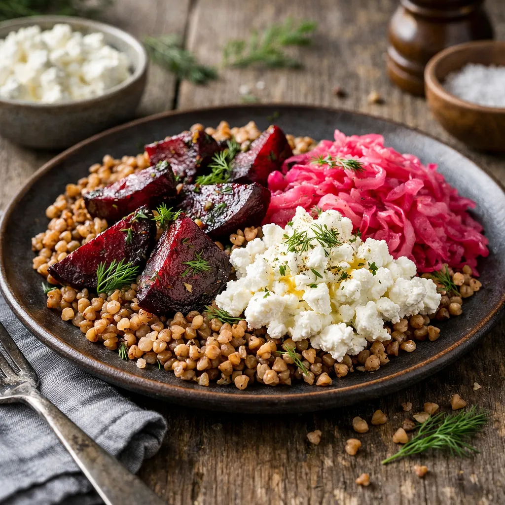 Recipe for: Winter Fusion Salad: roasted buckwheat with beetroot, sauerkraut, and cottage cheese - photo 1