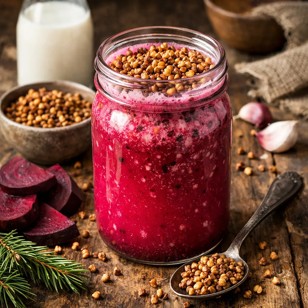 Przepis na: Zimowy tonik zero waste: maślankowo-buraczany kwas z prażoną kaszą gryczaną - zdjęcie 1