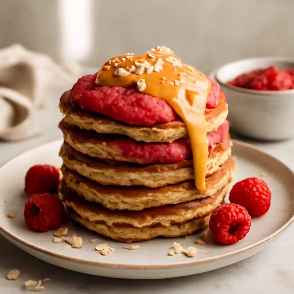 Banana-Oat Pancakes with Raspberry Sauce and Peanut Butter Cream - photo 1
