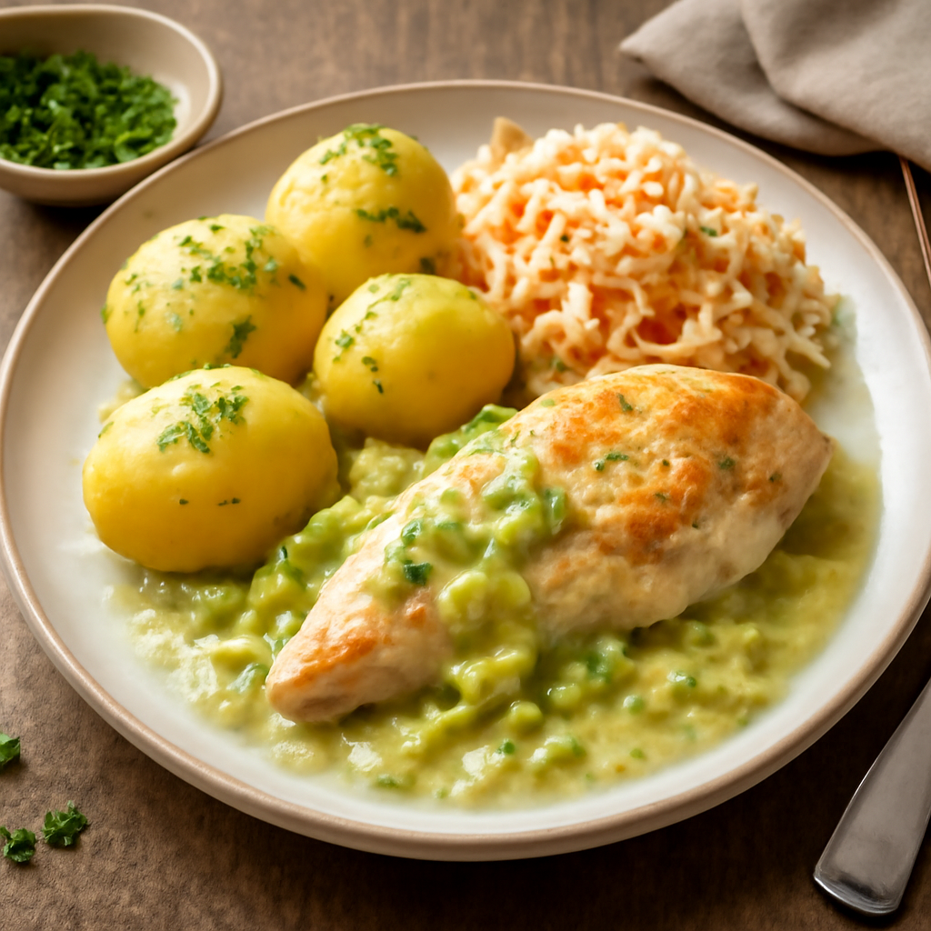 Chicken fillet in leek sauce with potatoes and cabbage salad - photo 1