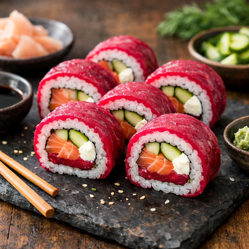Polish fusion sushi: maki with beetroot gravlax salmon, cottage cheese, and pickled cucumber - photo 1