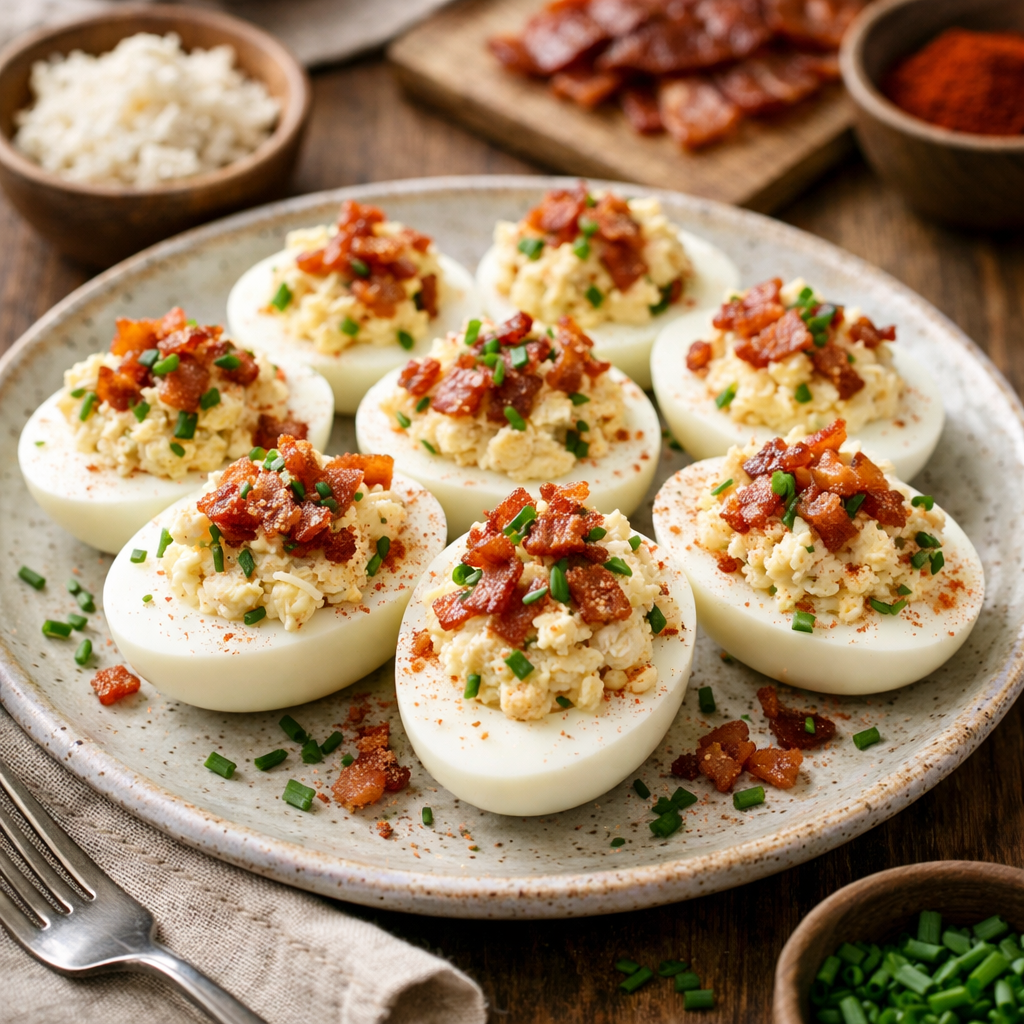 Stuffed eggs Polish style with cottage cheese, horseradish, and crispy bacon - photo 1