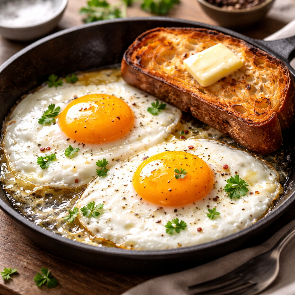 Classic Fried Eggs with Butter and Crispy Bread - photo 1