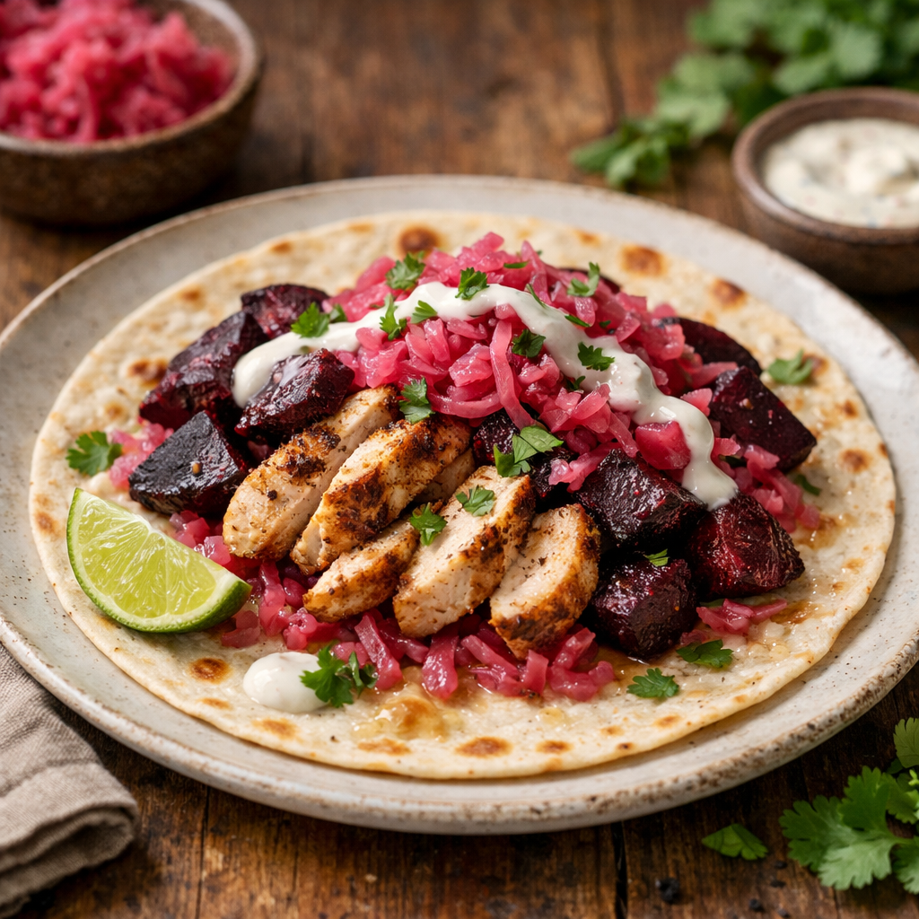 Tortilla z kurczakiem, pieczonym burakiem i kapustą kiszoną - zdjęcie 1