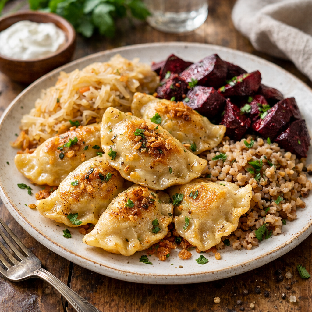 Pierogi warzywne z kapustą kiszoną, pieczonym burakiem i kaszą gryczaną - zdjęcie 1