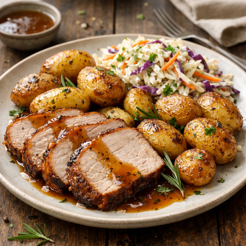 Pork loin roast with roasted potatoes and white cabbage salad - photo 1