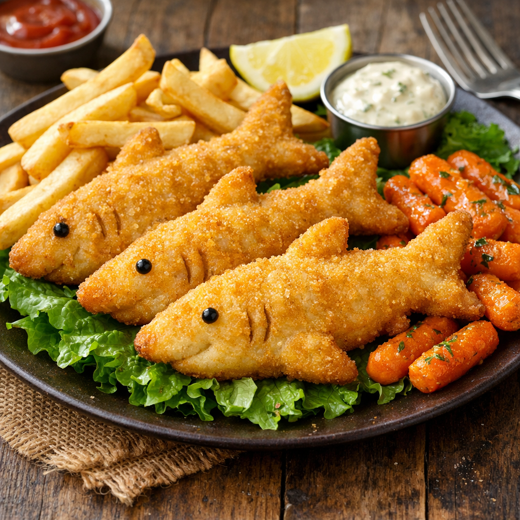 Fileciki w kształcie rekina z frytkami i marchewką - zdjęcie 1