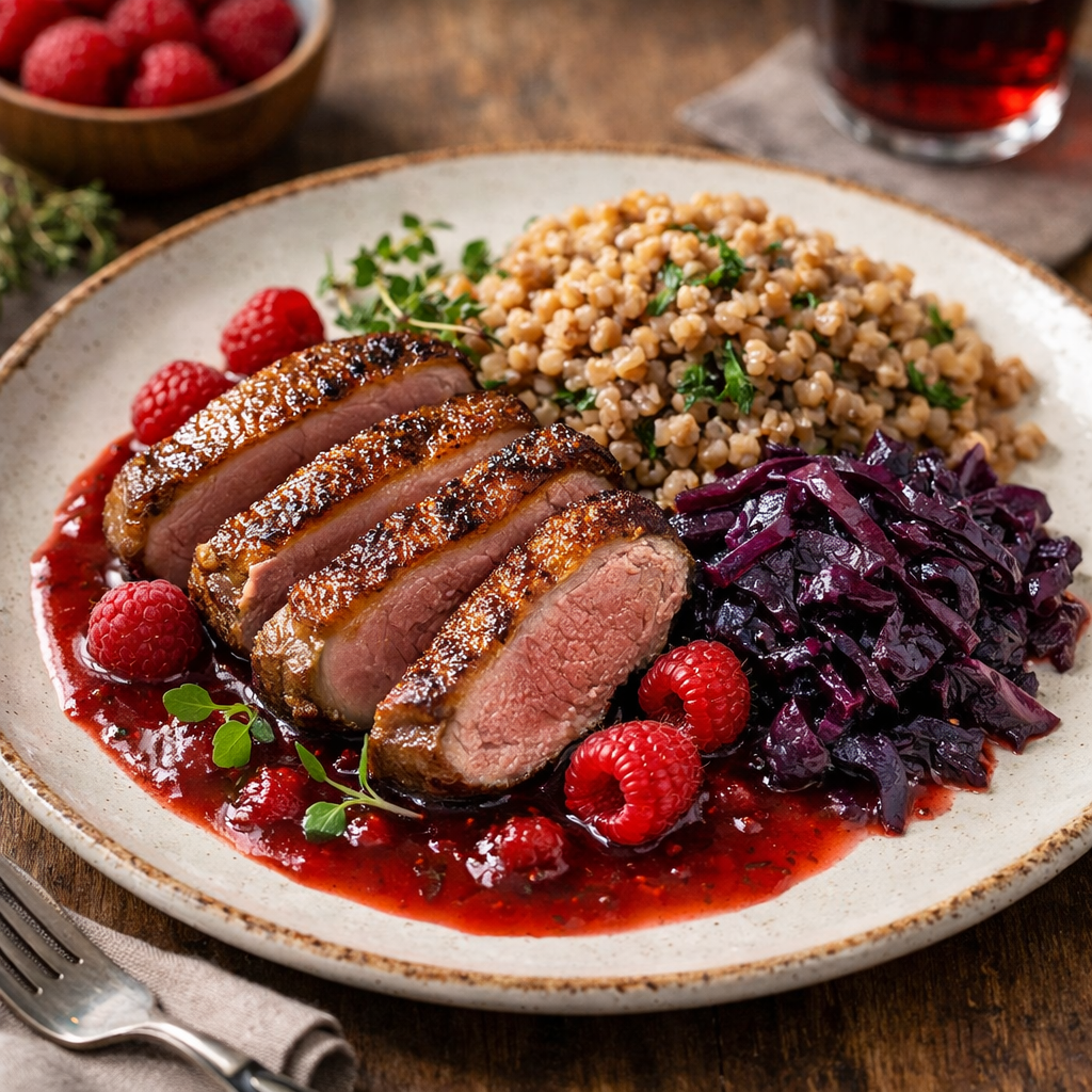 Duck breast in raspberry sauce with buckwheat and braised red cabbage - photo 1