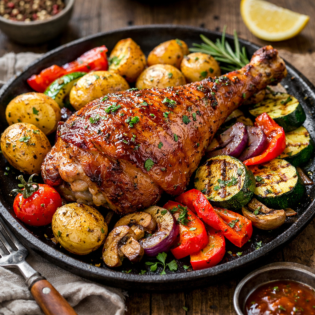 Udziec z indyka zapiekany z ziemniakami i warzywami grillowanymi - zdjęcie 1