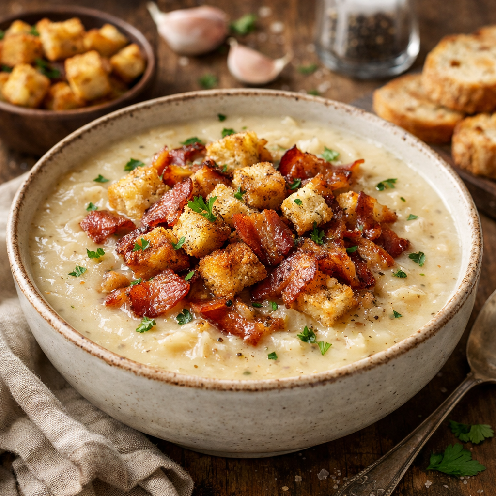 Sauerkraut Cream with Crispy Bacon and Garlic Croutons - photo 1