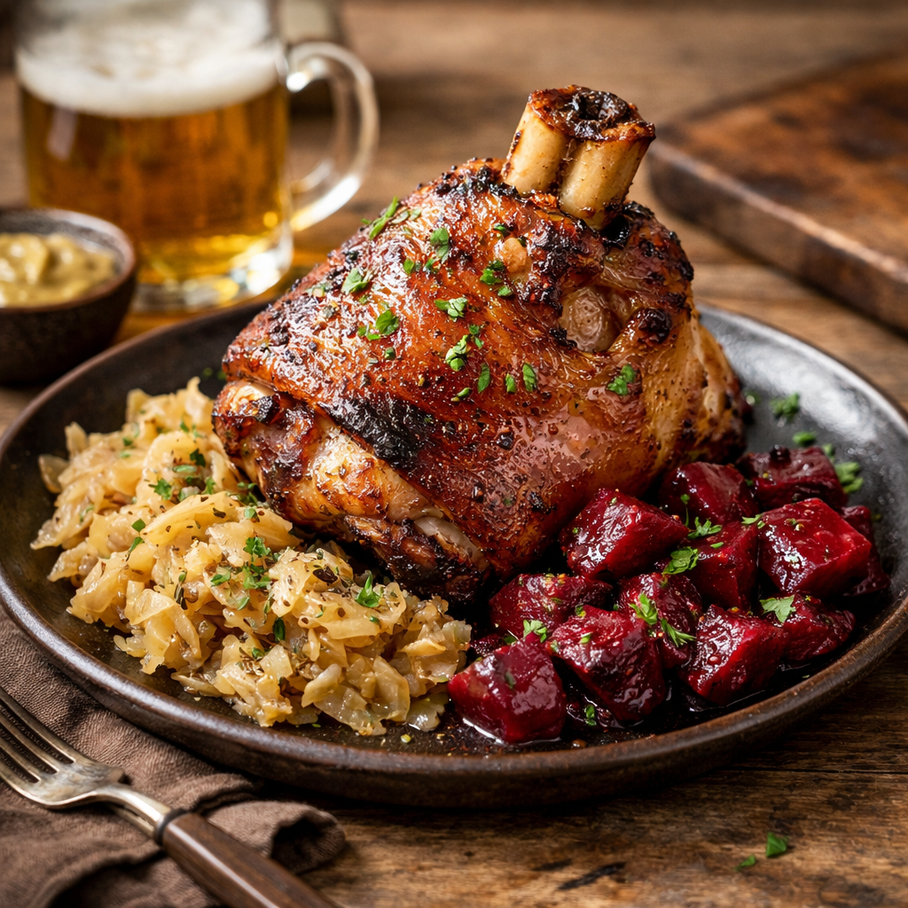 Roasted pork knuckle with sauerkraut and stewed beets - photo 1