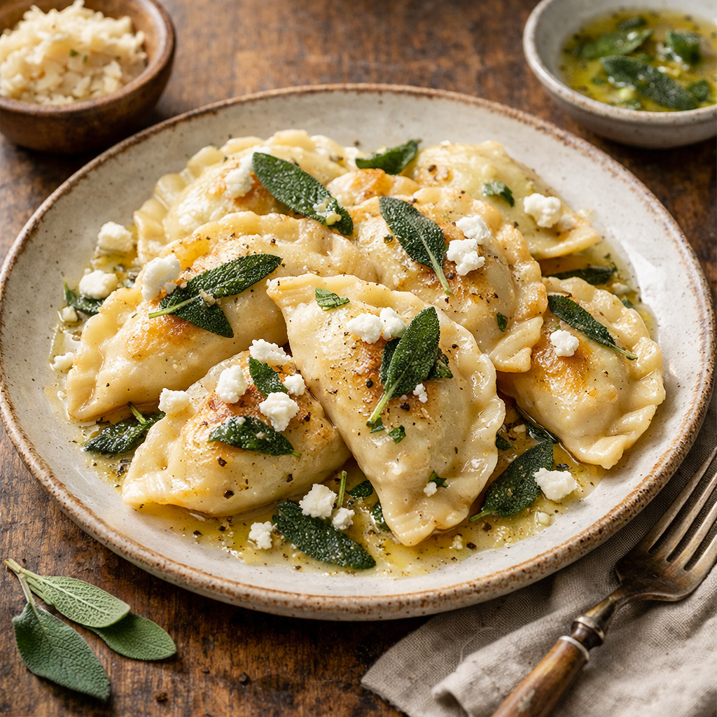 Pierogi z kapustą kiszoną i kozim serem, polane masłem szałwiowym - zdjęcie 1