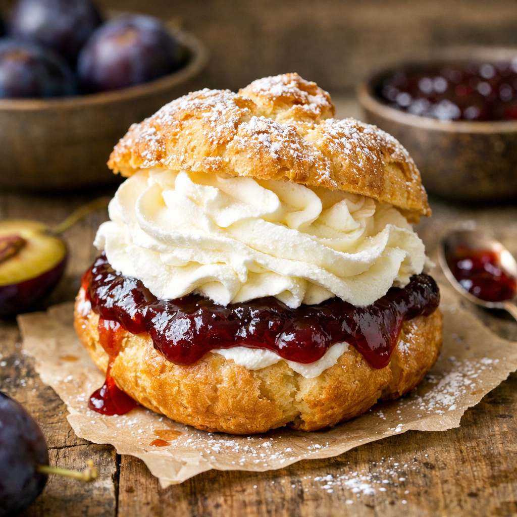 Street cream puff with cream and plum jam - photo 1