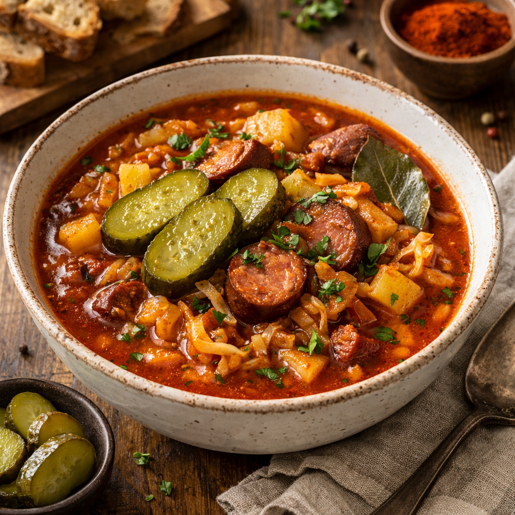 Cabbage goulash soup with Masurian sausage and pickled cucumber - photo 1