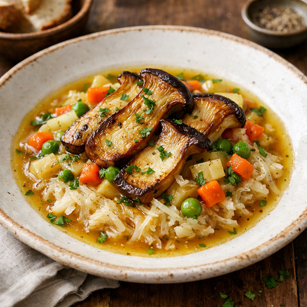Vegetable soup with sauerkraut and roasted oyster mushrooms - photo 1
