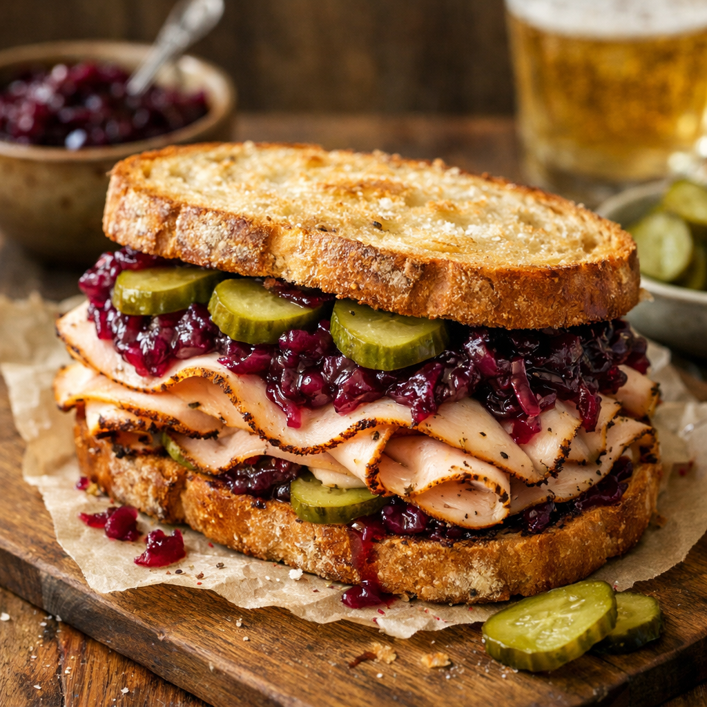 Warm Sandwich with Turkey Pastrami, Red Cabbage Jam, and Pickled Cucumber - photo 1