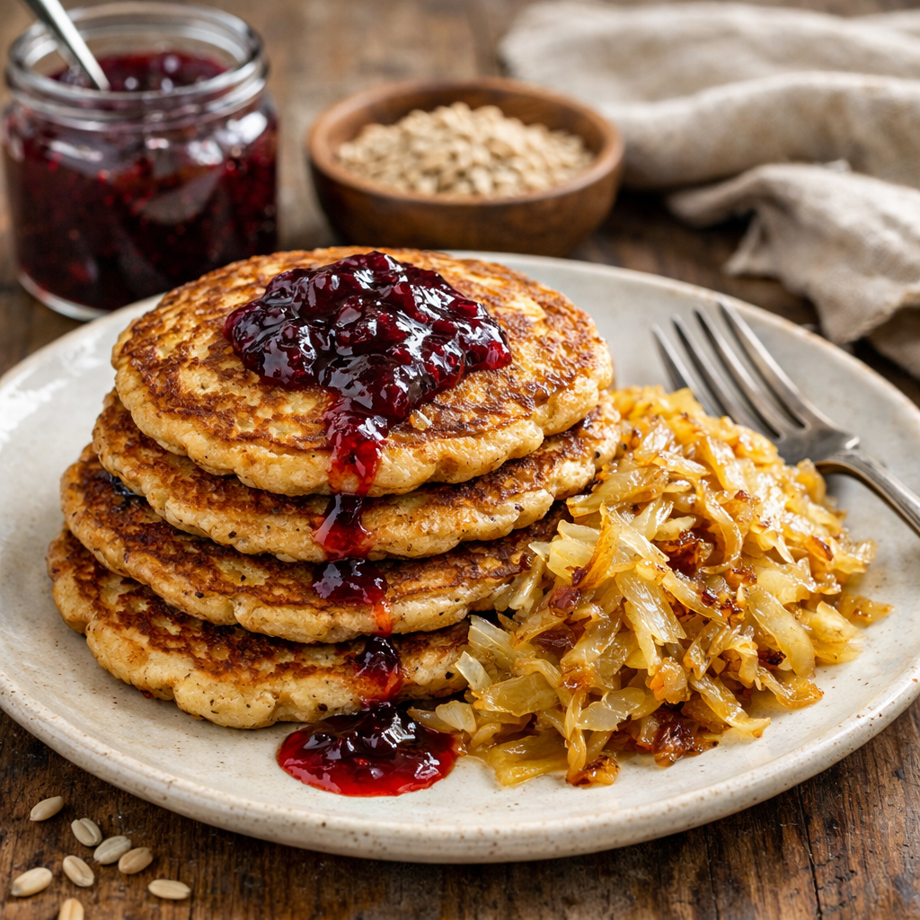Barley pancakes with jam and stewed cabbage in sugar - photo 1