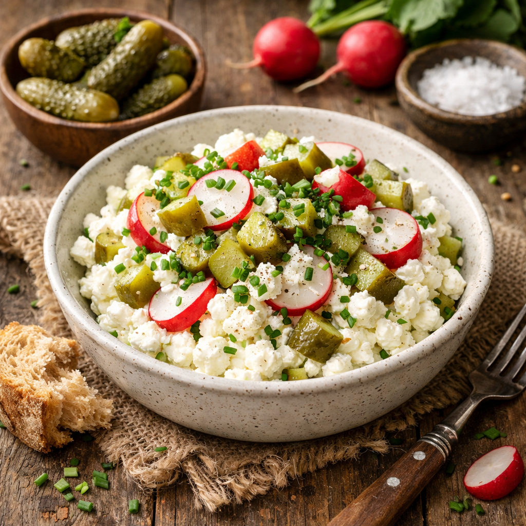 Cottage cheese with pickled cucumbers, radishes, and chives - photo 1