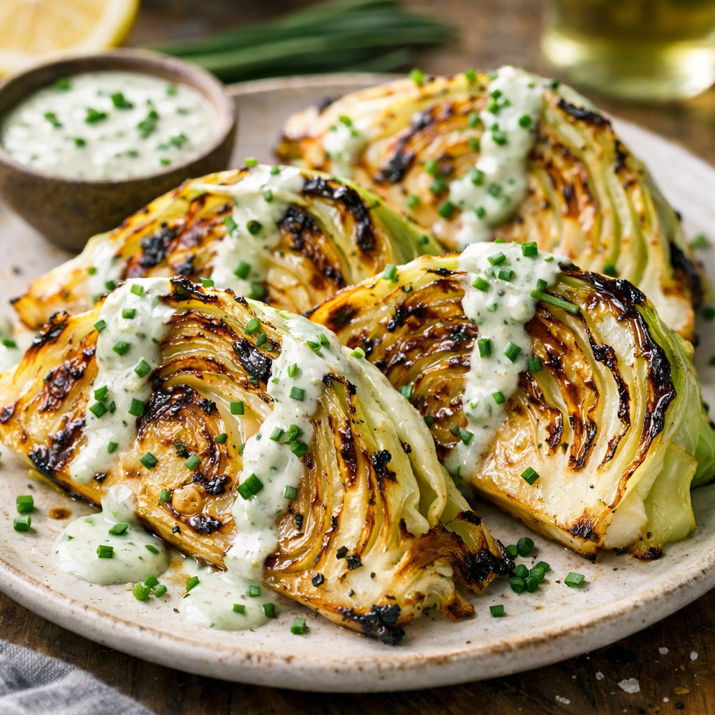 Grilled slices of white cabbage with chive sauce - photo 1