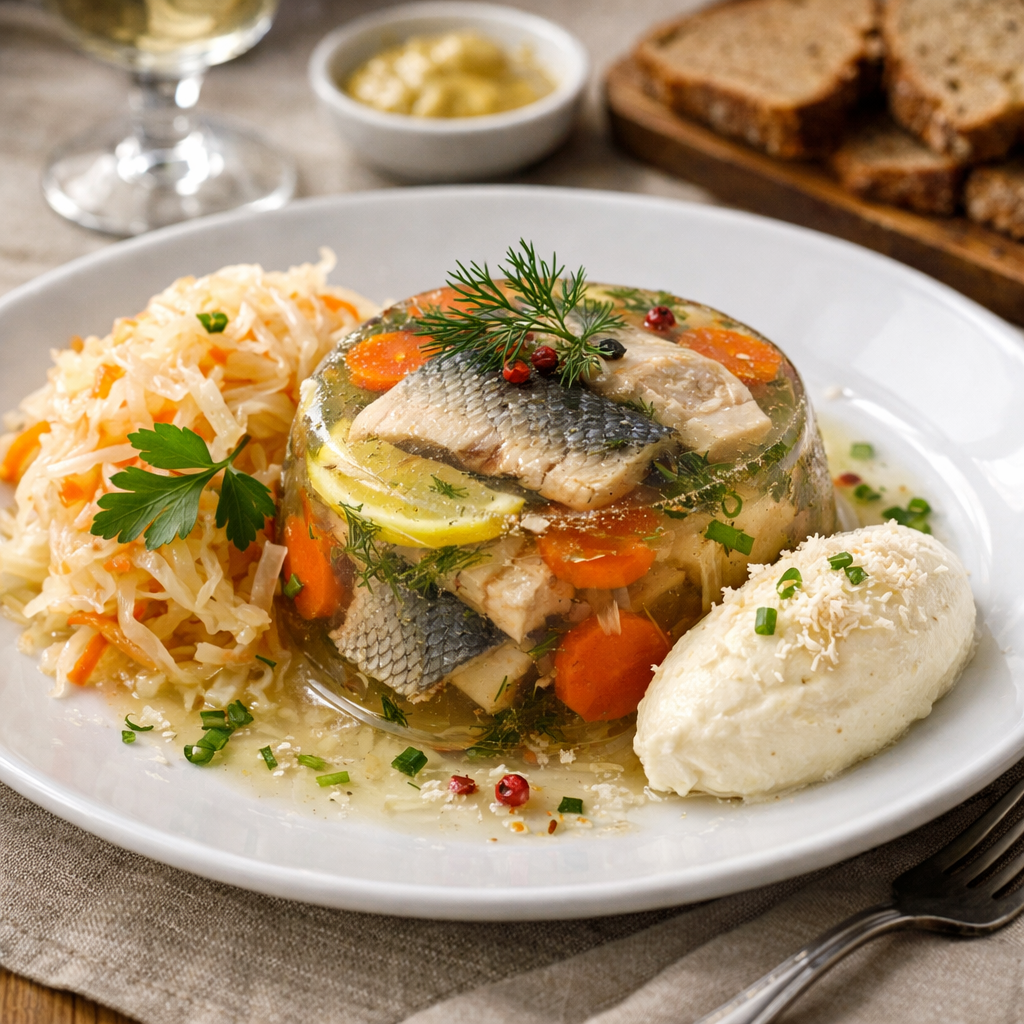 Carp in jelly with sauerkraut and horseradish mousse - photo 1