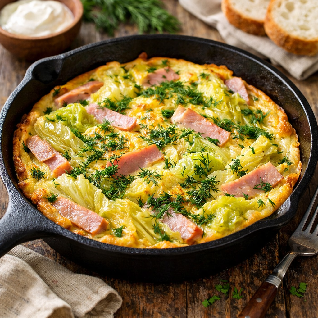 Przepis na: Pieczony omlet z kapustą pekińską, szynką z indyka i koperkiem - zdjęcie 1