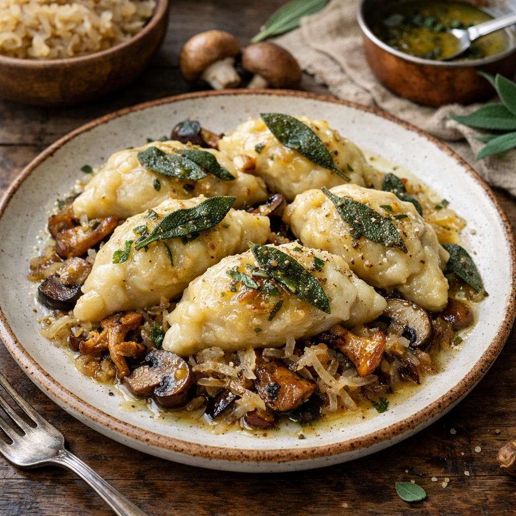 Highlander Pierogi with Sauerkraut and Mushrooms, Drizzled with Sage Butter - photo 1