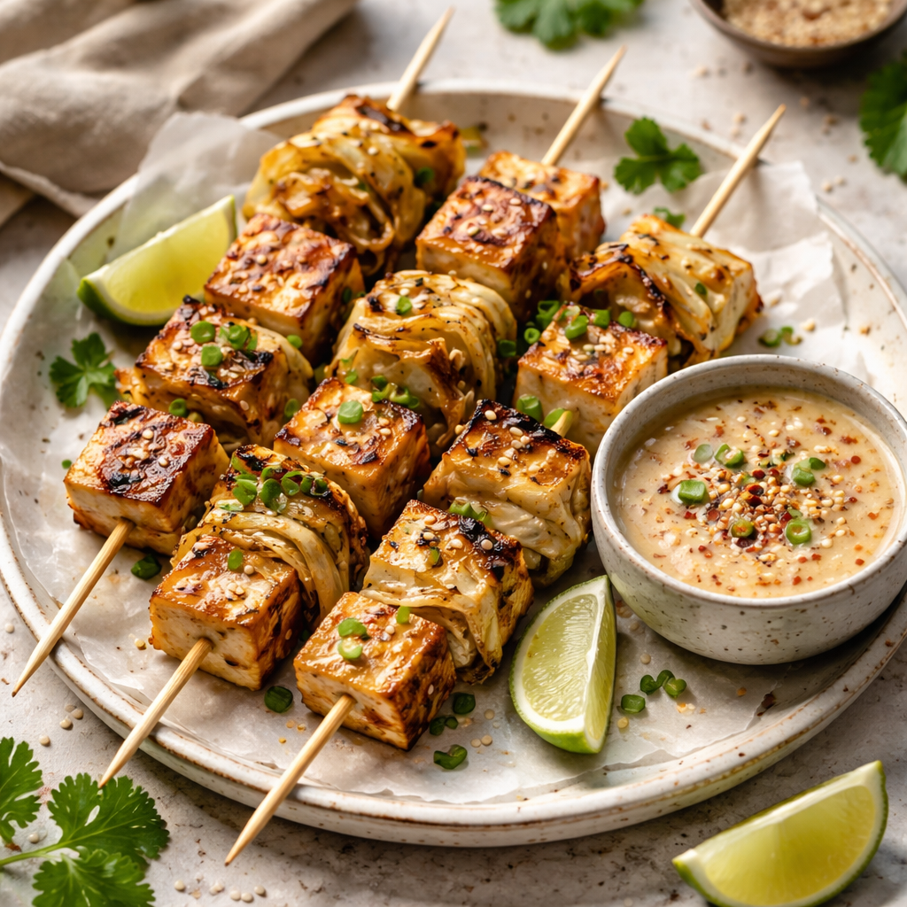 Skewers of marinated cabbage and tofu with sesame dip - photo 1