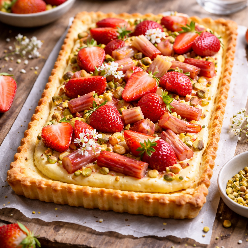Mazurek with pudding and fruits (strawberry and rhubarb) - photo 1