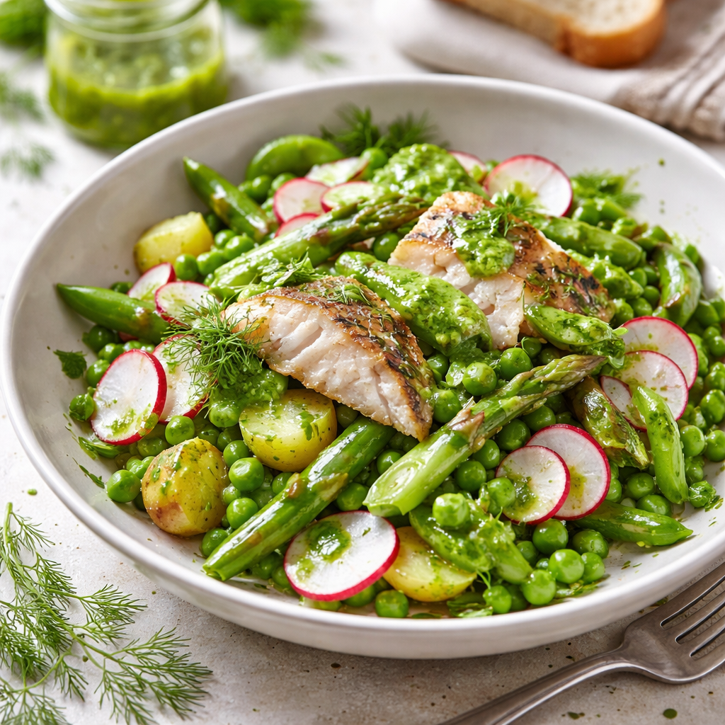 Spring fish salad with young vegetables and dill dressing - photo 1