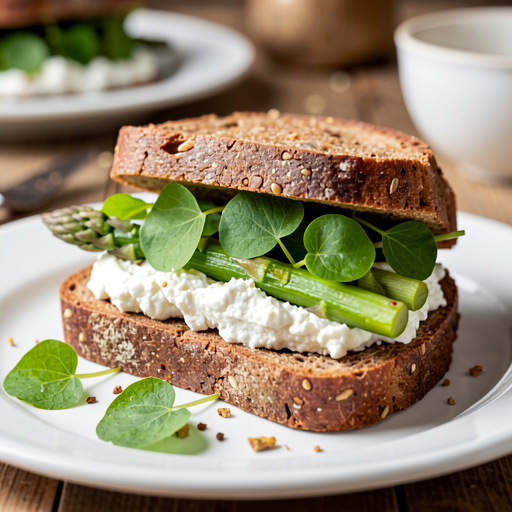 Recipe for: Rye Bread Sandwich with Cottage Cheese Spread, Asparagus, and Sorrel - photo 1