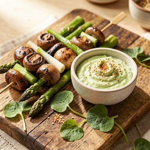 Skewers with mushrooms and green asparagus with sorrel dip - photo 1