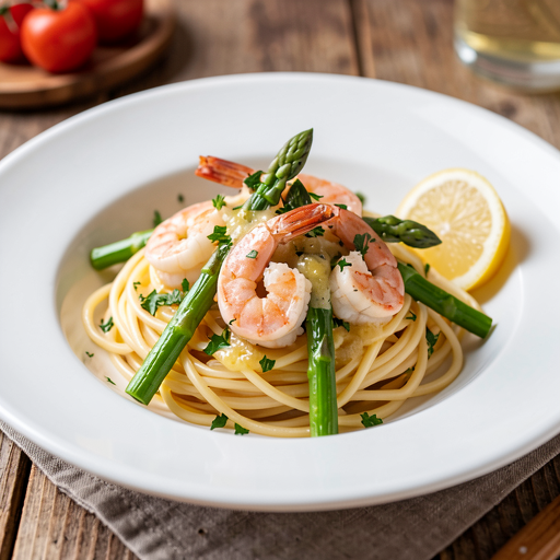 Makaron spaghetti z krewetkami, czosnkiem i szparagami (polska-nowoczesna) - zdjęcie 1