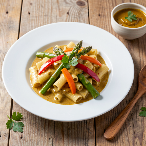 Pasta in curry sauce with spring vegetables - photo 1