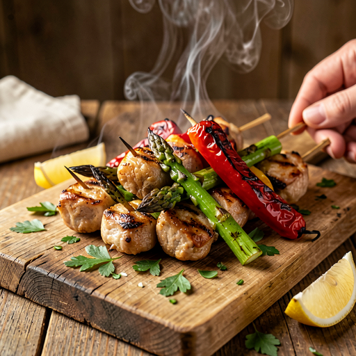 Recipe for: Grilled Pork Neck Skewers with Young Asparagus and Bell Pepper - photo 1