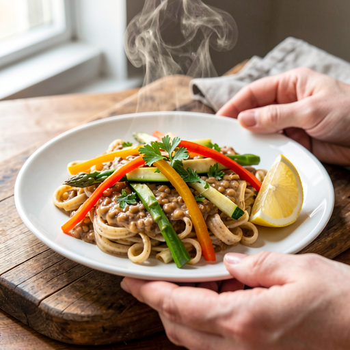 Recipe for: Pasta with lentils and spring vegetables (vegan version) - photo 1