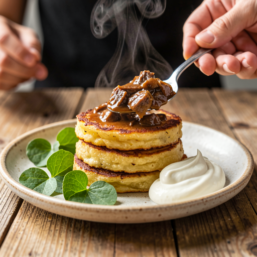 Recipe for: Potato pancakes with pork goulash and sorrel (modern version) - photo 1