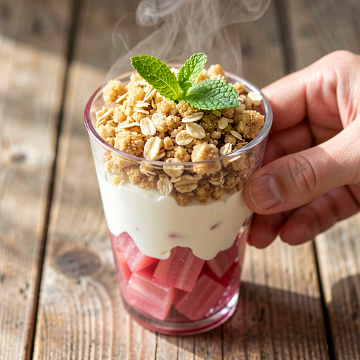 Recipe for: Layered dessert with rhubarb and cream with oat crumble - photo 1