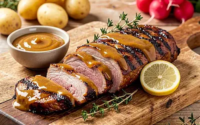 Grilled pork neck with honey mustard