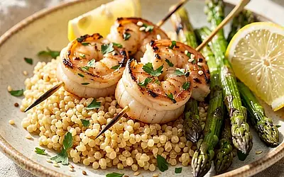 Grilled herb shrimp with millet and asparagus