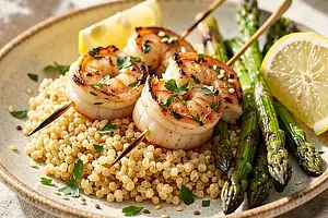 Grilled herb shrimp with millet and asparagus