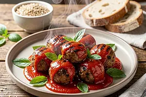 Grilled meatballs with tomato sauce