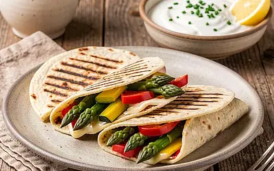 Grilled tortillas with spring vegetables