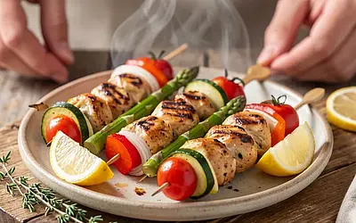 Grilled chicken and spring vegetable skewers