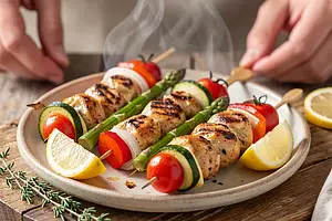 Grilled chicken and spring vegetable skewers