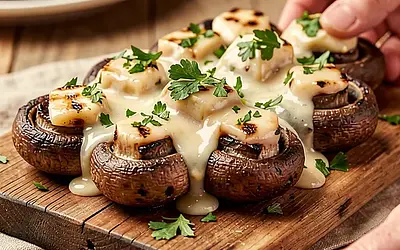 Grillowane pieczarki z masłem czosnkowym (polska-nowoczesna przystawka)