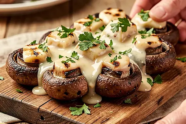 Grillowane pieczarki z masłem czosnkowym (polska-nowoczesna przystawka)