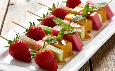 Seasonal Fruit Skewers with Oscypek and Honey Glaze