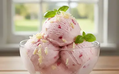 Creamy Strawberry Ice Cream with White Chocolate and a Hint of Basil